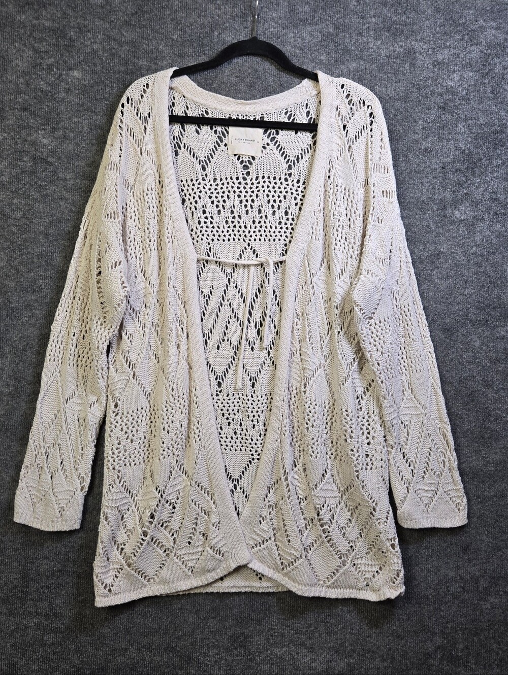 Lucky Brand Cardigan Womens XL Cream Crochet Knit Open Duster Boho Festival